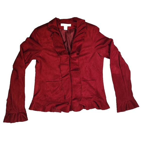 Rafaella Womens Size 6 Red Jacket Red Hook Eye Lining‎ Ruffles Long Sleeve - Picture 1 of 9